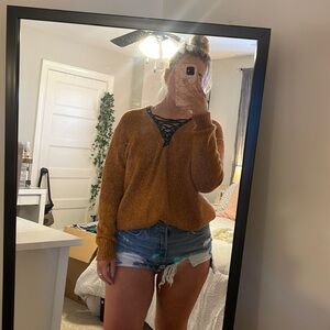 Orange V-Neck Lace Up Sweater